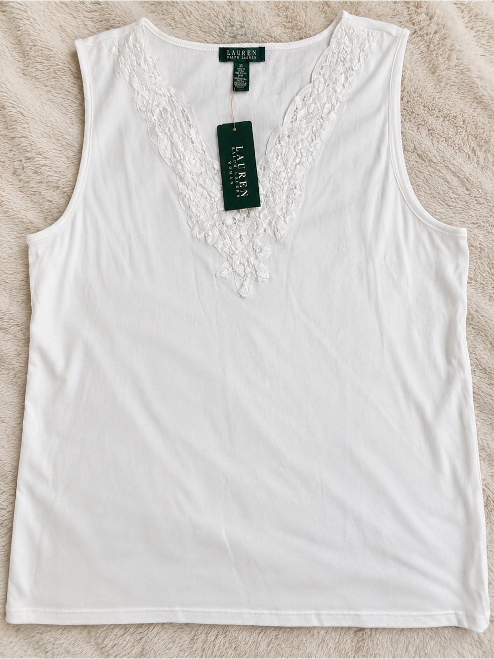 Lauren Ralph Lauren Woman NWT White Lace V Neck Tank Top 3X Plus Size